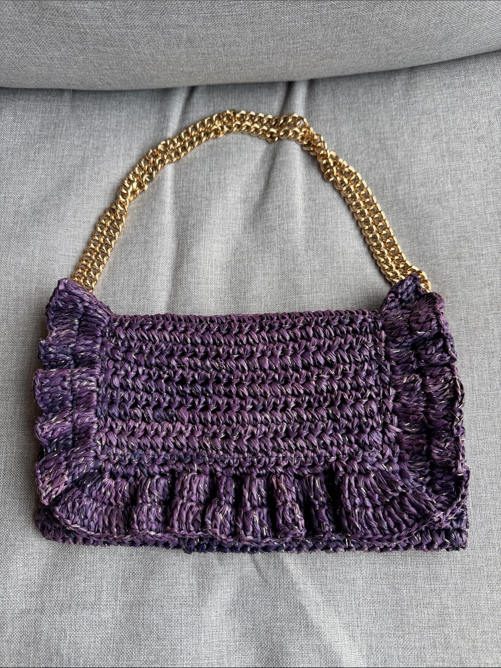 LAGGO Handwoven Purple Ruffle Shoulder Bag with Gold Chain